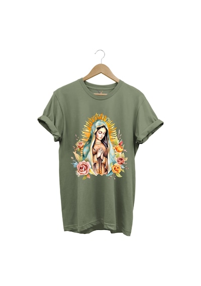 Renkli Meryem Ana Baskılı %100 Pamuk Regular Fit Bisiklet Yaka Haki T-shirt Haki