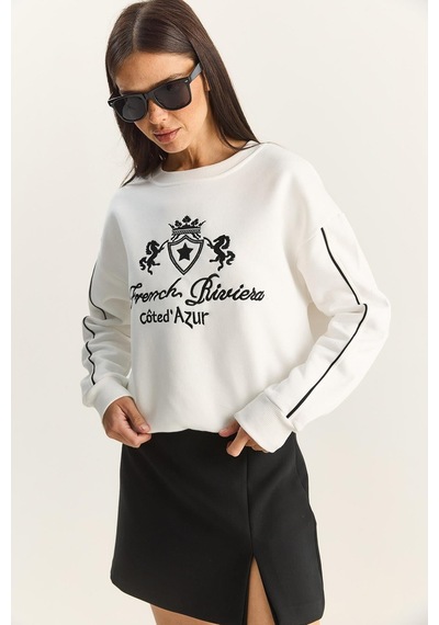 Shade Kadın Bisiklet Yaka Nakış İşlemeli Üç İplik Şardonlu Sweatshirt 60601049 - Ekru