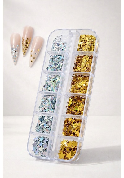 12li Gümüş Ve Gold Renk Yıldız Tırnak Süsleme Yıldız Dizayn Folyo Pulları Nail Art Wn-113