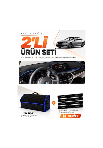 Bmw G30 G31 G38 2017-2023 Uyumlu Torpido Örtüsü + Tay Tüyü Bagaj Çantası + Sticker - Siyah Mavi