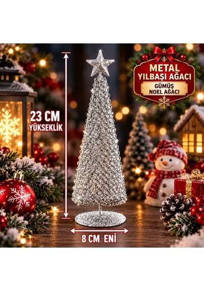 Özel Tasarım Metal 23 Cm Gümüş Yılbaşı Ağacı Metal Parlak Simli Gümüş Noel Ağacı Yılbaşı Çam Ağacı
