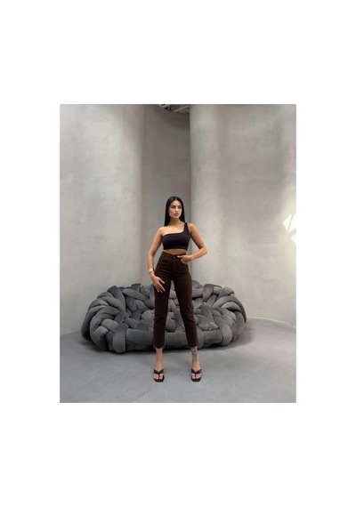Kene Jeans Kadın Kahverengi Yüksek Bel Keten Paça Kesik Dar Paça Pantolon Kahverengi