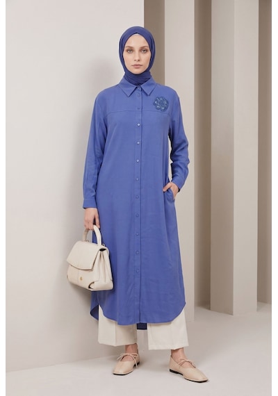 Armine Trend Çiçek Detaylı Uzun Tunik İndigo 26yt403