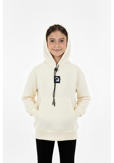 Kapüşonlu Art Baskılı Kanguru Cepli Kız Çocuk Sweatshirt-90849 Krem