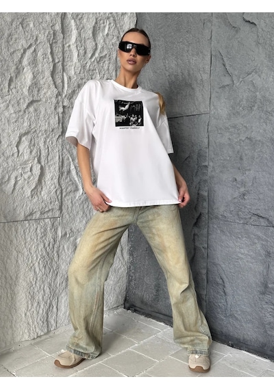 Manıfest Yourself Baskılı Oversize Tişört Beyaz