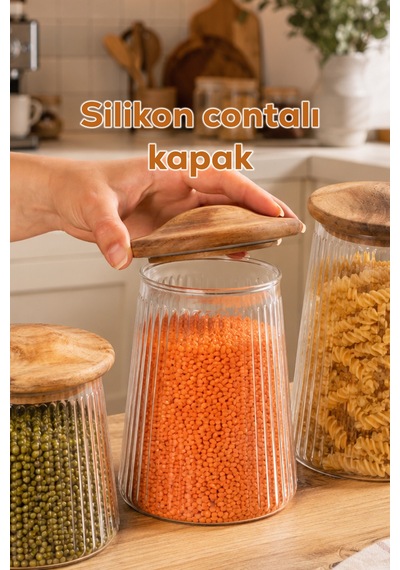 Porsima Mushroom Bambu Vakumlu Kapaklı Yuvarlak Borosilikat Cam 3lü Kavanoz Seti Saklama Kabı Cam - Şeffaf