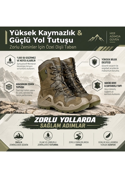 U Force Outdoor Bot Unisex Su Geçirmez Sympatex Kaymaz Dişli Taban Fermuarlı Hakiki Deri Haki