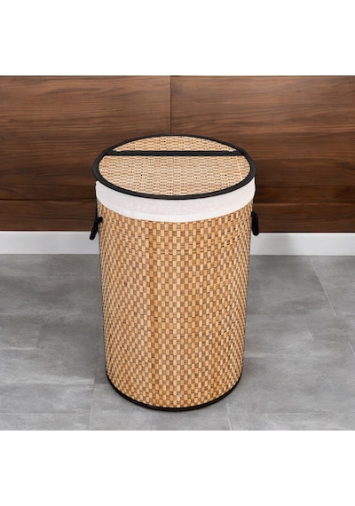 El Yapımı Hasır Katlanır Çamaşır Sepeti Yuvarlak 55 Litre 35cm 35cm 61cm , Doğal Malzemeden Ür Naturel