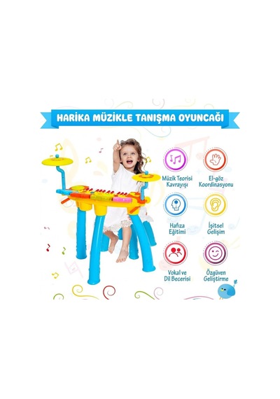 Çocuk Piyano Davul Seti Mikrofonlu - Işıklı Sesli, Tabureli 24 Tuşlu Eğitici Müzik Aleti Oyuncağı