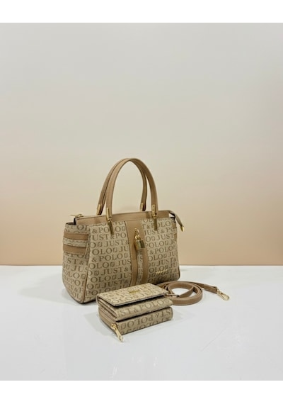 Just Polo Kadın Lüks El & Omuz Çantası Gold Detaylı Özel Tasarım Çanta Ve Uyumlu Cüzdan 22x28 Cm Vizon