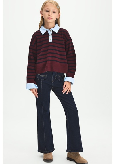 Defacto Relaxed Fit Polo Yaka Çizgili Oxford Kazak Kız Çocuk I3601a826wnbr194 Bordo-br194
