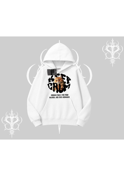 Startmore Keep Calm Yazılı Kedi Baskılı Streetwear Kapşonlu Sweatshirt Beyaz