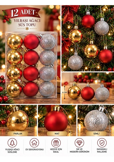 12'li Set 4 Cm Karışık Yılbaşı Ağacı Süsü Mat, Simli Ve Parlak Karışık Çam Ağacı Topu Noel Süsü Diğer