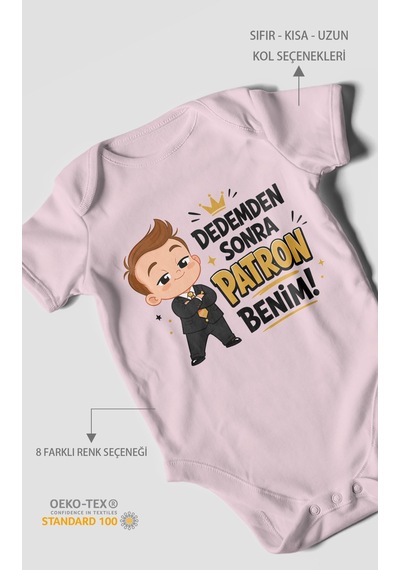 Morivokids Dedemden Sonra Patron Benim Kısa Kollu Bebek Body %100 Pamuk Bebe Pembe