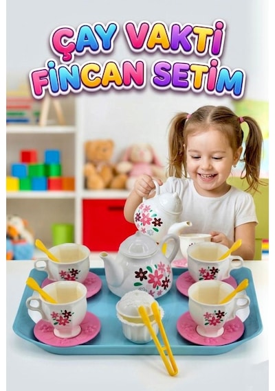 Çay Vakti Fincan Setim 17 Parçalı Çiçek Desenli 4 Fincalı Ve Çaydanlıklı Evcilik Oyun Seti 1