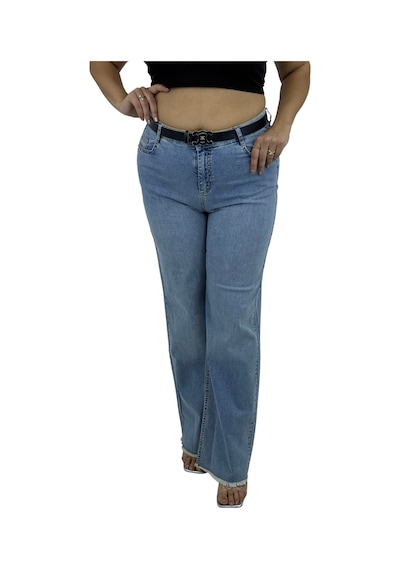 Büyük Beden Denim Kemerli Yüksek Bel Toparlayıcı Bol Paça Kadın Pantolon Mavi