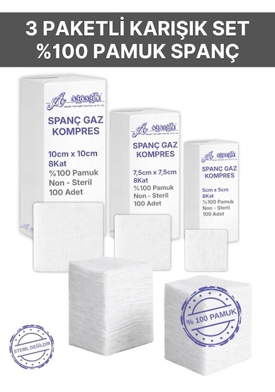 Spanç Gazlı Bez Kombo 3 Paket Xl 8 Katlı 300 Adet - Yüksek Emici, Yapışmayan, Nefes Alabilir %100 Pamuk Yara Pansuman Pedi