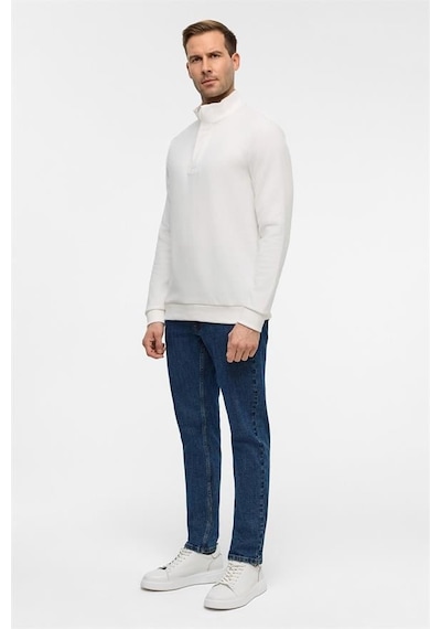 Süvari Beyaz Regular Düz Polo Yaka Sweatshirt Beyaz