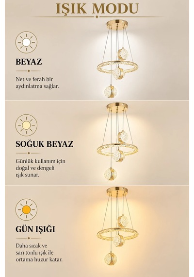 Modern Premium 3'lü Gold Küre 3 Renkli Ledli Sarkıt Avizesi Salon Mutfak Çocuk Odası Modelleri 84w Beyaz
