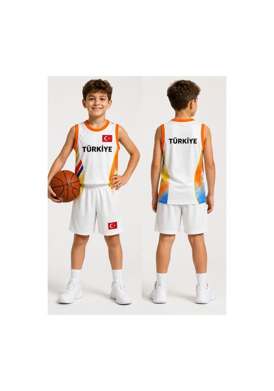 Sonvadi Çocuk Basketbol Forması Türkiye Armalı Beyaz 3 Parça Çorap Beyaz