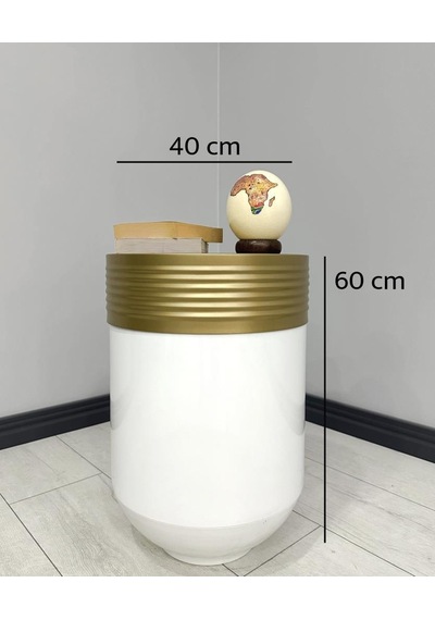 Elegant Dekoratif Eskitme Darbuka Parlak Beyaz Sehpa 60cm