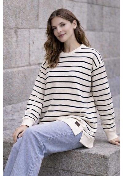 Tenra Oversize Geniş Kalıp Kadın Sweatshirt Bisiklet Yaka Basic Çizgili Lacivert
