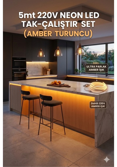 2 Metre Amber 220v Neon Led Şerit - Tak Çalıştır Set - Fişli Esnek Şerit Led,kerhribar ,turuncu Led,mutfak,tezgah Ledi