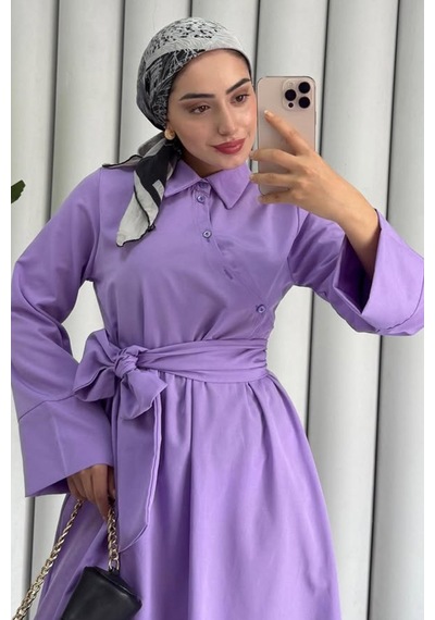 Bestenur Seliz Yandan Düğmeli Elbise 1528 - Lila Lila