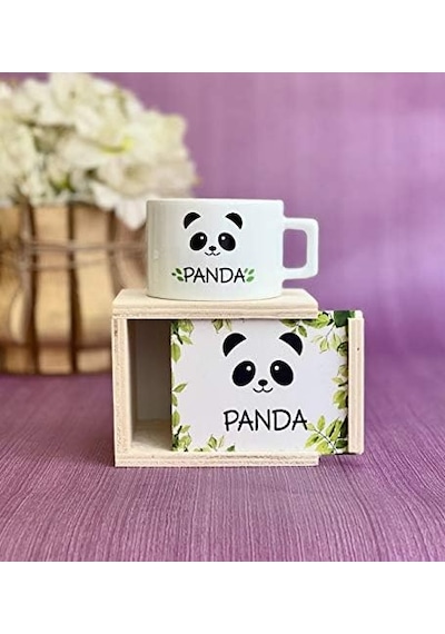Ahşap Kutusunda Sevimli Panda Kupa Bardak Acı Kahve