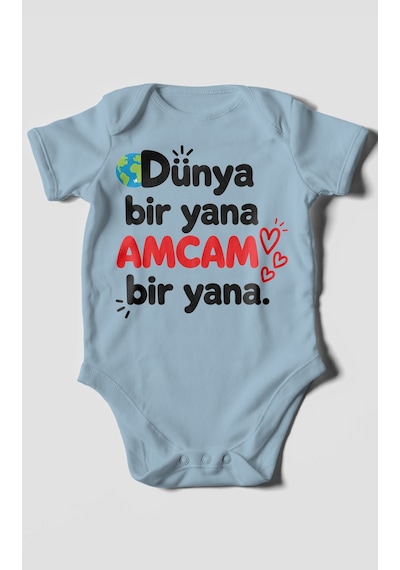 Morivokids Dünya Bir Yana, Amcam Bir Yana Kısa Kollu Bebek Body %100 Pamuk Bebe Mavisi