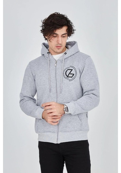 Erkek 3 İplik Pamuklu Fermuarlı Kapüşonlu Kanguru Cepli Baskılı Hoodie Hırka Sweatshirt - Gri