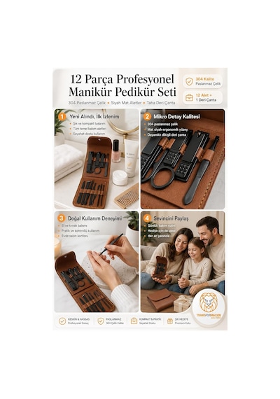 Tr 12 Parça Paslanmaz Çelik Manikür Pedikür Seti, Tırnak Makası, Törpü, Cımbız, Kütikül Aleti, Siyah Mat, 11