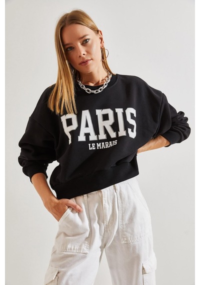 Shade Kadın Paris Baskılı Üç İplik Şardonlu Sweatshirt 40981007 - Siyah