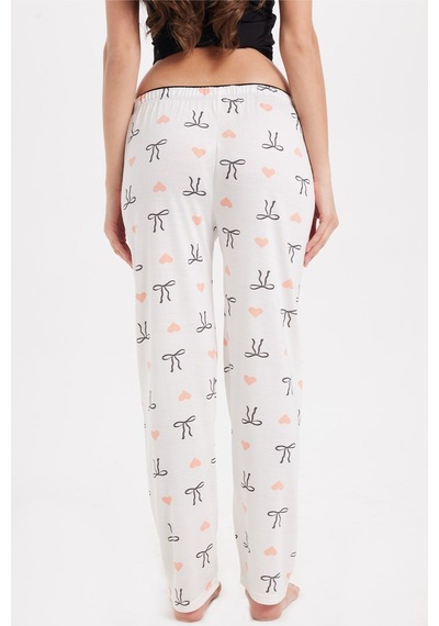 Tudors Kadın Regular Fit Klasik Kesim Viskon Beli Lastikli Fiyonk Detaylı Baskılı Beyaz Pijama Altı-51007