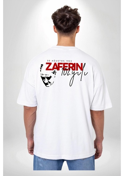 Barlashive 30 Ağustos Zafer Bayramı Ön Arka Baskılı Oversize Bisiklet Yaka T-shirt - Beyaz Çok Renkli