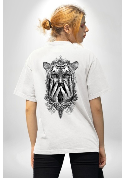 Yarım İnsan Yarım Leopar Mutant Leopar Kral Beyaz Oversize Unisex Ön Ve Sırt Baskılı Tişört Beyaz
