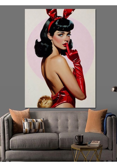 Ahşap Tablo Kırmızı Elbiseli Seksi Pin Up Kızı
