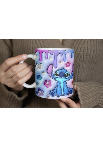 Stitch Pastel Mor Mavi Tasarımlı Kupa Bardak - Lilo And Stitch Hayranlarına Özel Hediye Beyaz