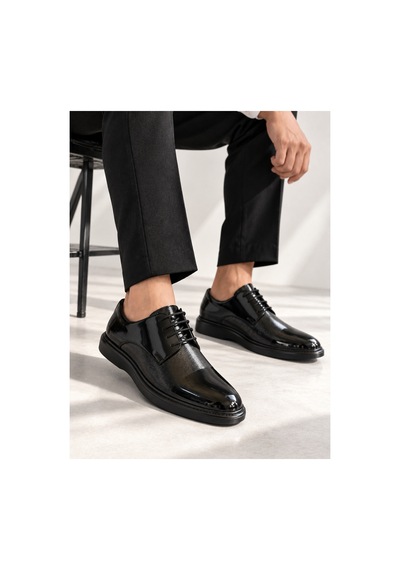 Yalçın Shoes Erkek Siyah Parlak Suni Deri Bağcıklı Klasik Ayakkabı Dokulu Ön Yüzey, Kalın Taban Damatlık Ayakkabı Siyah - 933653717 Siyah