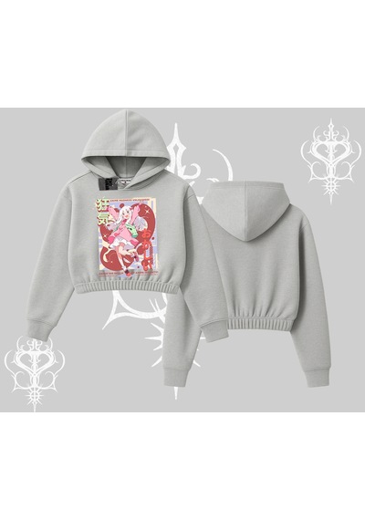 Startmore Kapşonlu Crop Sweatshirt Madness Unleashed Anime Girl Baskılı Gri