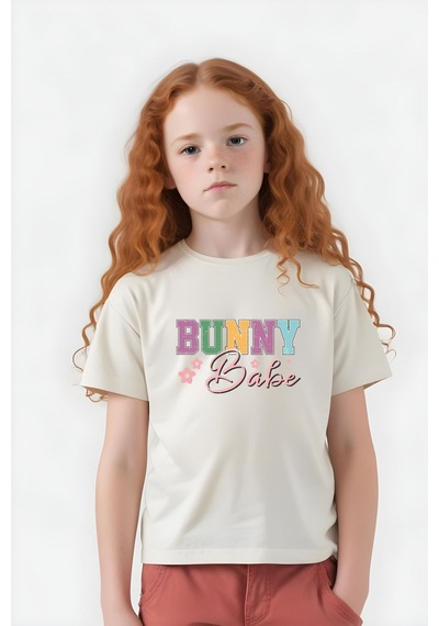 Panios Kids Baskılı Kız Çocuk Kısa Kollu T-shirt Krem