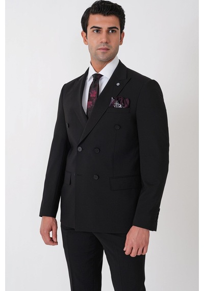 Efor Slim Fit Esnek %97 Yünlü Düz Siyah Kruvaze Takım Elbise Tk 956
