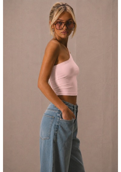 Tarz Cool Kadın Tek Omuz Crop Atlet Esnek Slim Fit Süprem Kumaş Asimetrik Yaka Bluz Pembe