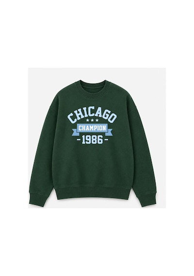 Herkesemoda Chicago Baskı Detaylı Bisiklet Yaka Şardonlu 2 İplik Sweatshirt Yeşil