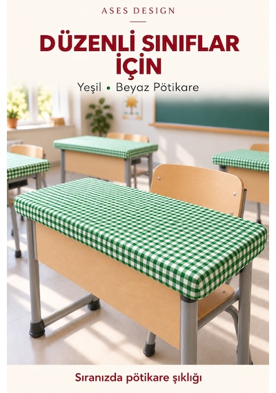Yeşil Beyaz 5'li Lastikli Sıra Örtüsü, 100x140 Cm Öğretmen Masa Örtüsü Hediye