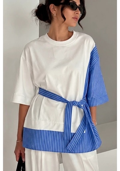 Bb Butik Basic Dokuma Garnili Kuşaklı Oversize Bluz Çizgili Detaylı Salaş Kesim Kadın Bluz My3535 Mavi Bb Butik Basic Dokuma Garnili Kuşaklı Oversize Bluz Çizgili Detaylı Salaş Kesim Kadın Bluz My3535 Mavi