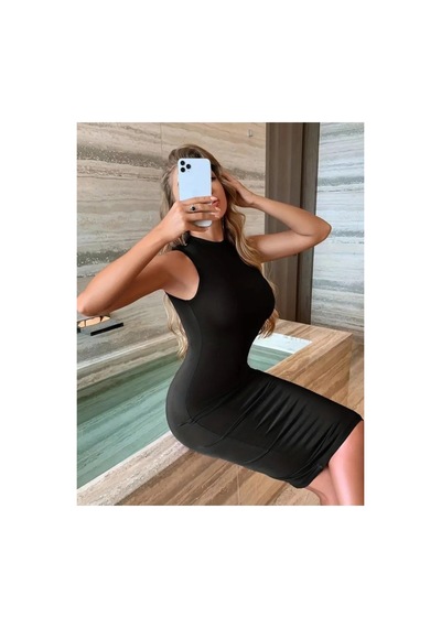 Butik İstanbul Kadın Omuzlardan Açık Bisiklet Yaka Janjan Krep Elbise Siyah