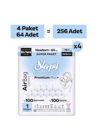 Sleepy Bio Natural Premium Plus Airbag Comfort Ultra Paket Bebek Bezi 1 Numara Newborn 256 Adet
