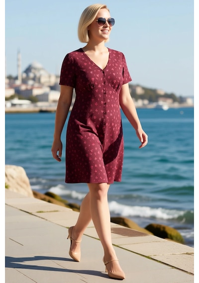 Benerly Kadın Büyük Beden Çiçek Desenli V Yaka Kısa Kollu Skater Kesim Ör Bordo
