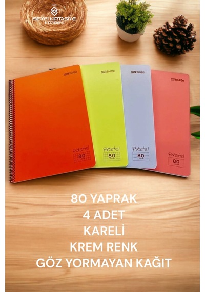4 Adet A4 80 Yaprak Kareli Telli Defter Pastel Renk Plastik Kapak Göz Yormayan Krem Renk Kağıt